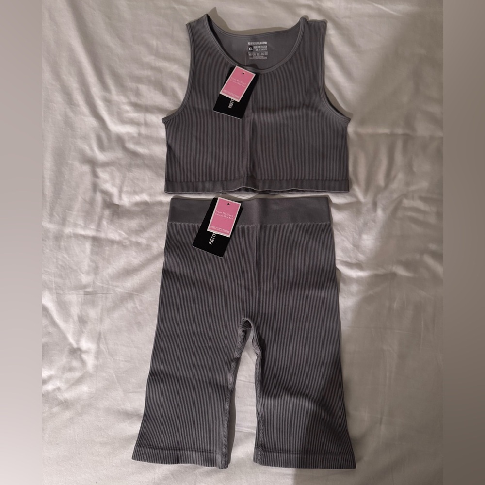 PrettyLittleThing Gray Ribbed Crop Top and Biker Shorts